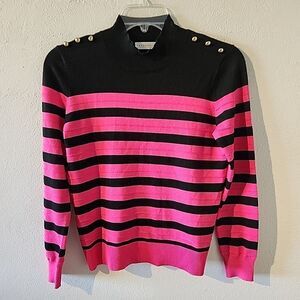 Retrology Women’s Pink Black Striped Pullover Sweater Button Accents Small